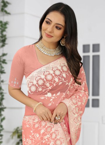 Peach color Net Designer Saree with Embroidered
