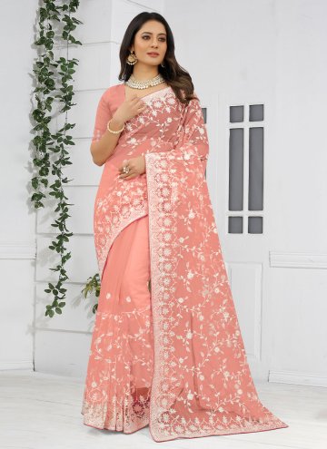 Peach color Net Designer Saree with Embroidered