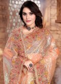 Peach color Net Designer Saree with Embroidered - 1