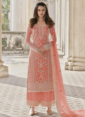Peach color Net Salwar Suit with Embroidered