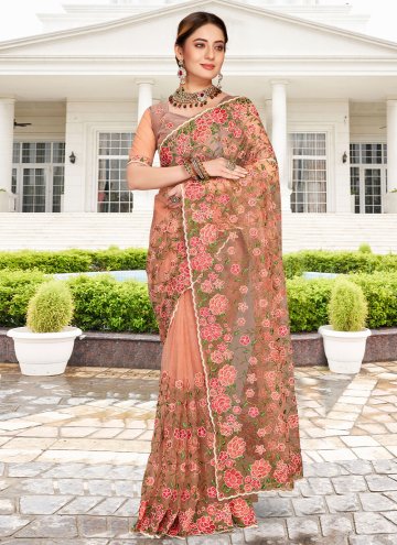 Peach color Net Trendy Saree with Embroidered