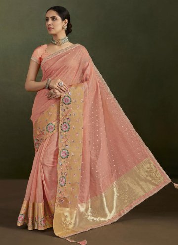 Peach color Organza Trendy Saree with Embroidered