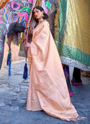 Peach color Woven Handloom Silk Classic Designer Saree