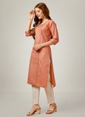 Peach Cotton  Embroidered Party Wear Kurti for Casual - 1