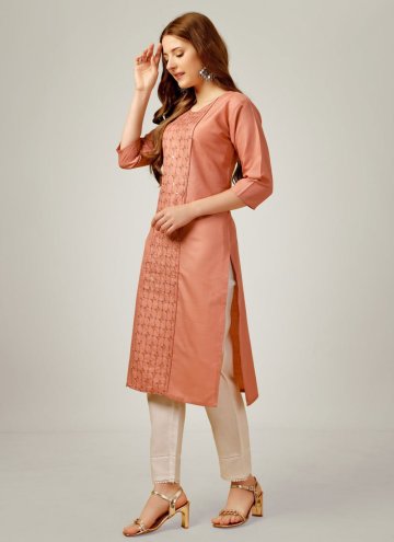 Peach Cotton  Embroidered Party Wear Kurti for Casual