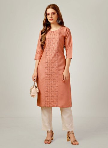 Peach Cotton  Embroidered Party Wear Kurti for Cas