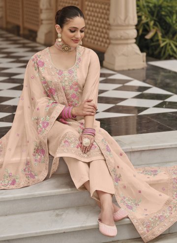Peach Designer Salwar Kameez in Silk with Buttons
