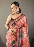 Peach Designer Saree in Tussar Silk with Printed - 1