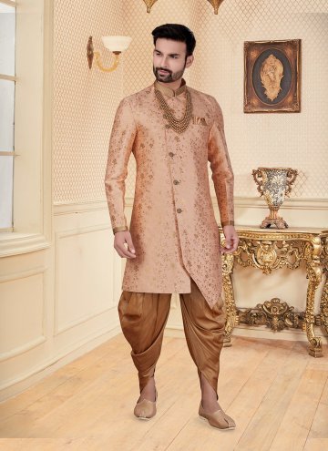 Peach Fancy Fabric Jacquard Work Indo Western for Ceremonial