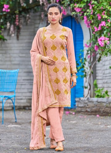 Peach Faux Georgette Embroidered Salwar Suit for C