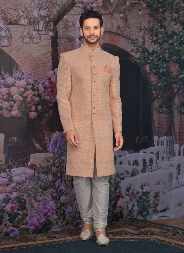 Peach Georgette Embroidered Sherwani for Engagement