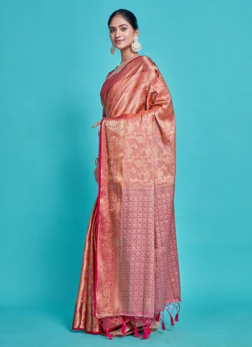 Peach Kanjivaram Silk Woven Contemporary Saree for Engagement