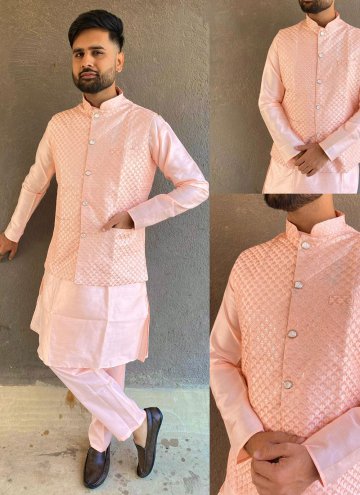 Peach Kurta Payjama With Jacket in Banglori Silk with Embroidered