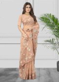 Peach Net Embroidered Classic Designer Saree for Engagement - 3