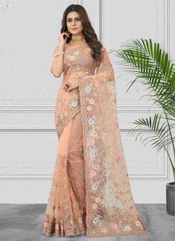 Peach Net Embroidered Classic Designer Saree for Engagement