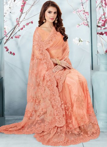 Peach Net Embroidered Designer Traditional Saree for Ceremonial