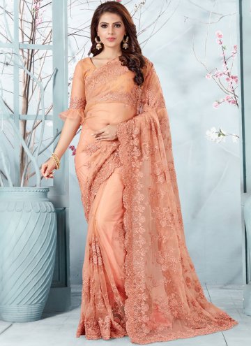 Peach Net Embroidered Traditional Saree for Ceremo