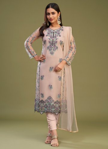 Peach Net Embroidered Trendy Salwar Suit