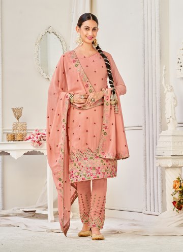 Peach Pant Style Suit in Faux Georgette with Embro