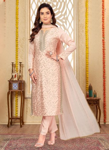 Peach Silk Embroidered Pant Style Suit