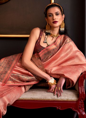 Peach Silk Saree in Handloom Silk with Woven