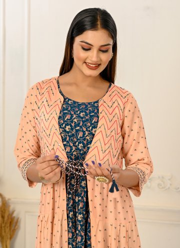 Peach Tissue Brasso Embroidered Party Wear Kurti for Casual