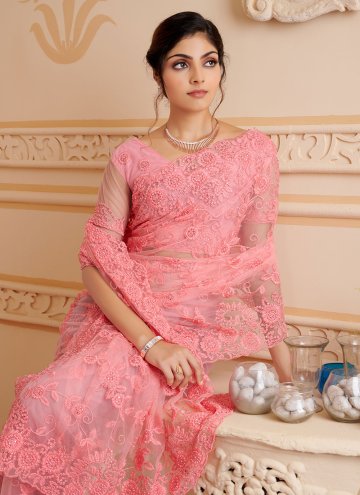 Peach Trendy Saree in Net with Embroidered