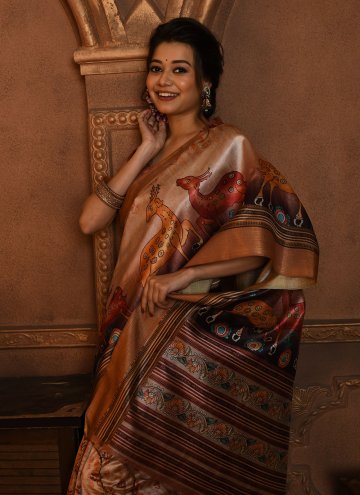 Peach Tussar Silk Printed Classic Designer Saree for Festival
