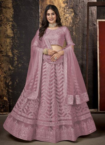 Pink A Line Lehenga Choli in Net with Embroidered