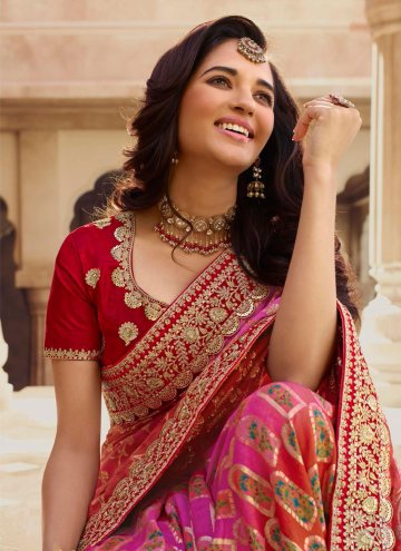 Pink and Red Classic Designer Saree in Chanderi with Embroidered
