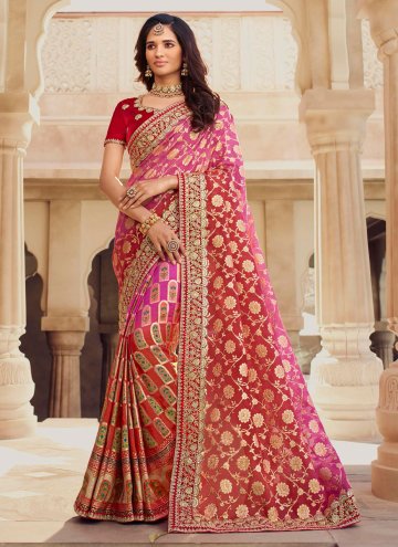 Pink and Red Classic Designer Saree in Chanderi with Embroidered