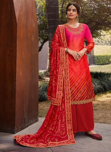 Pink and Red Designer Palazzo Suit in Satin with D