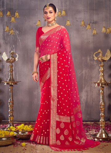 Pink and Red Georgette Woven Classic Designer Saree