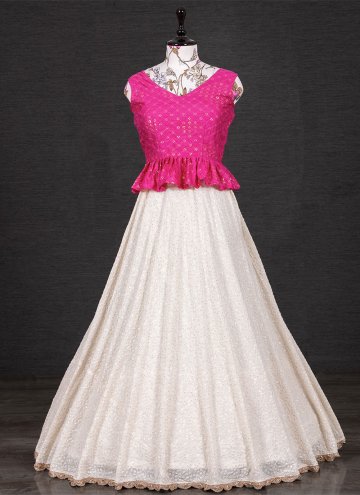 Pink and White Georgette Embroidered A Line Leheng