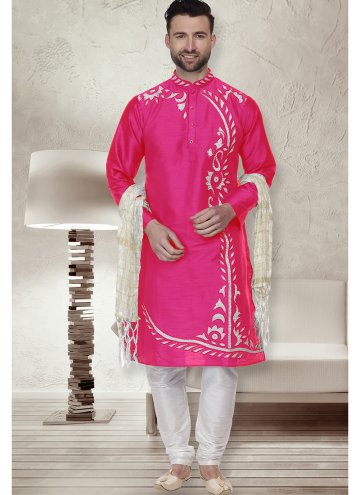 Pink Art Dupion Silk Embroidered Kurta Pyjama for 