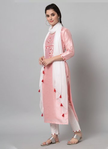 Pink Art Dupion Silk Embroidered Pant Style Suit for Casual