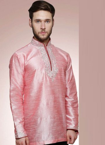 Pink Art Dupion Silk Plain Work Kurta Pyjama for Ceremonial