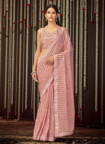Pink Art Silk Sequins Work Designer Contemporary Saree for Festival
