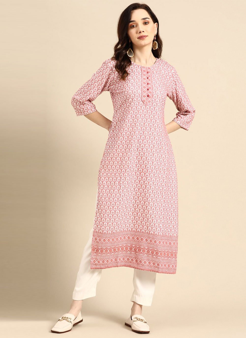Pink Casual Kurti in Rayon with Embroidered