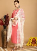 Pink Chanderi Embroidered Pant Style Suit - 1