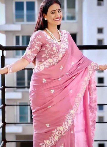 Pink Chinon Embroidered Classic Designer Saree for Ceremonial