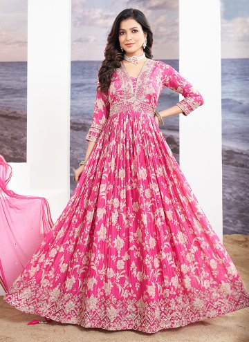 Pink Chinon Embroidered Readymade Designer Gown fo