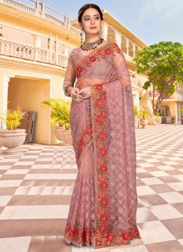 Pink Classic Designer Saree in Net with Embroidered