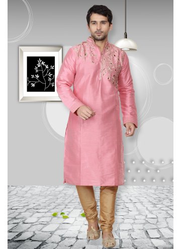 Pink color Art Dupion Silk Kurta Pyjama with Embroidered