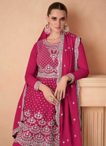 Pink color Chinon Palazzo Suit with Embroidered