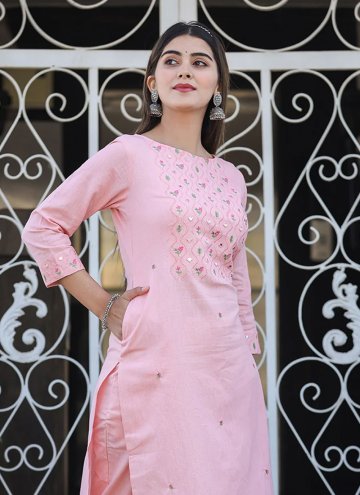 Pink color Cotton  Casual Kurti with Embroidered