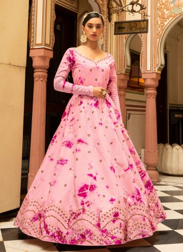 Pink color Cotton  Floor Length Trendy Gown with Embroidered