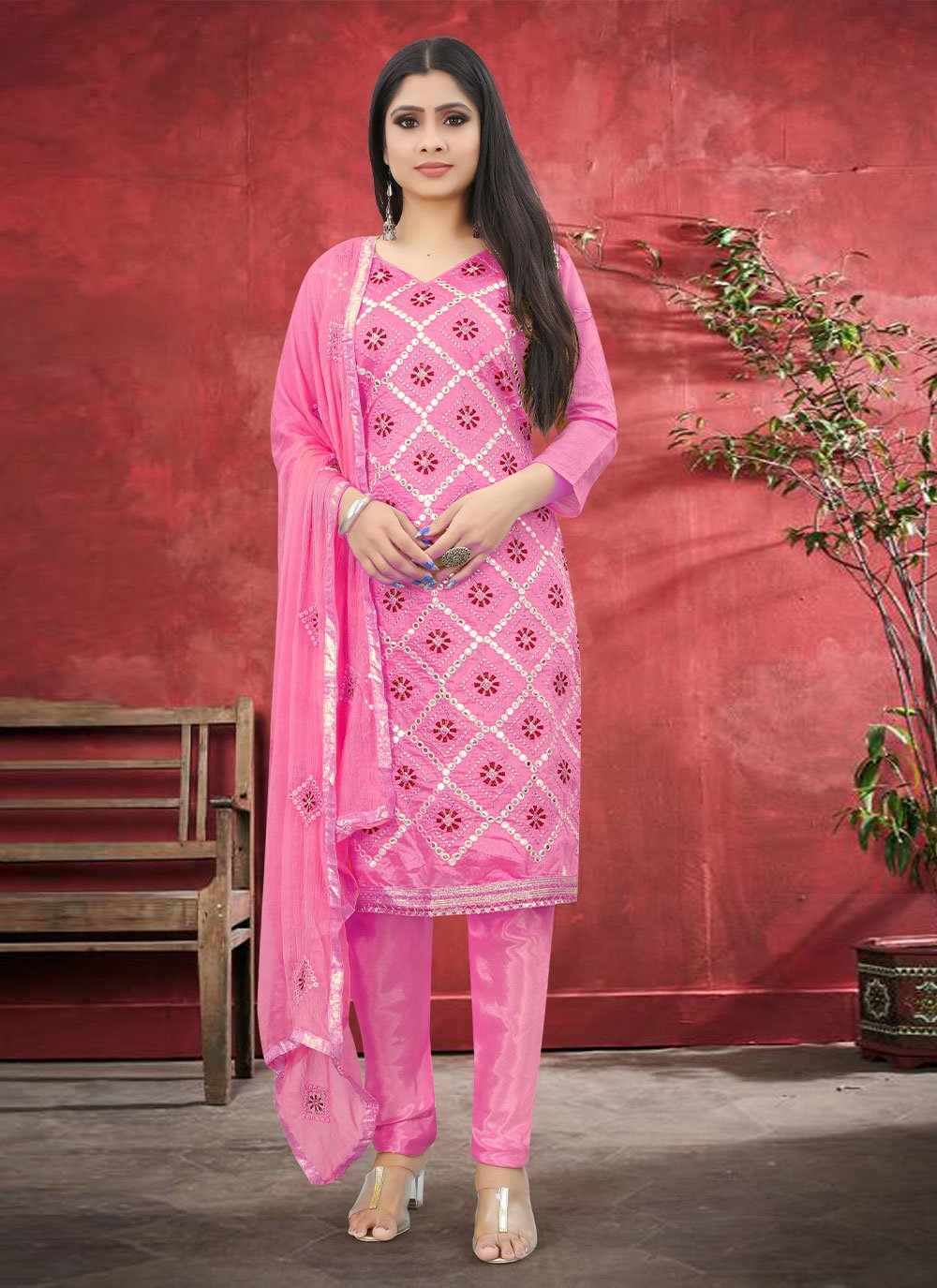 Pink color Cotton Silk Salwar Suit with Embroidered
