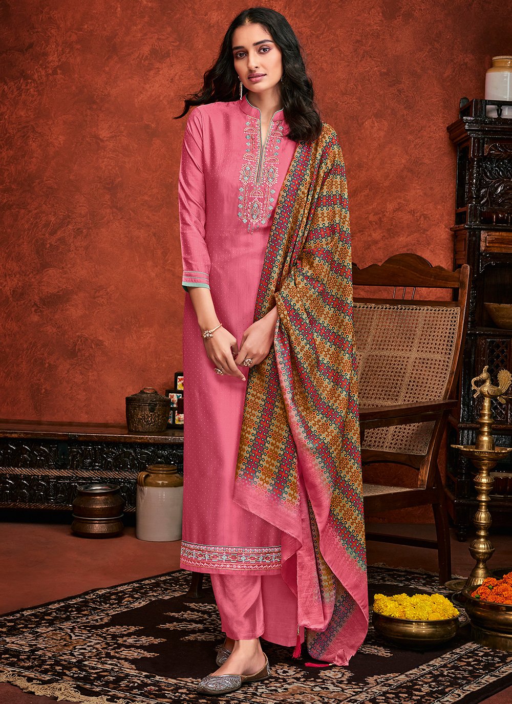 Pink color Embroidered Fancy Fabric Designer Palazzo Suit