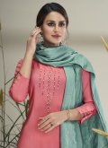 Pink color Embroidered Faux Chiffon Pant Style Suit - 1